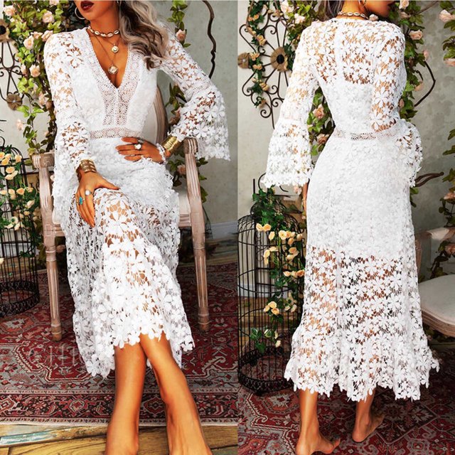 Robe Femme Mode Col en V Manches Longues Été Solide Ample Dentelle Confortable