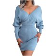 thumbnail image 2 of EGNMCR Robes de Vacances pour Femmes Mode Décontractée Col en V Tricoté Sac Hanche Couleur Unie Manches Longues Robe, 2 of 8