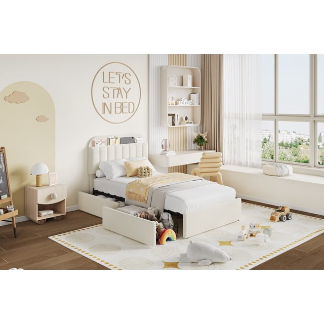 EDTara Kids Platform Bed with Soft Bouclé Upholstery, Bookcase Headboard, and 2 Under-Bed Storage Drawers, Easy Assembly, No Box Spring Needed