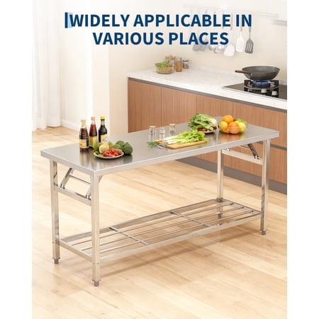 Kojooin Commercial Stainless Steel Folding Table with Undershelf, Heavy Duty Kitchen Prep Work Table