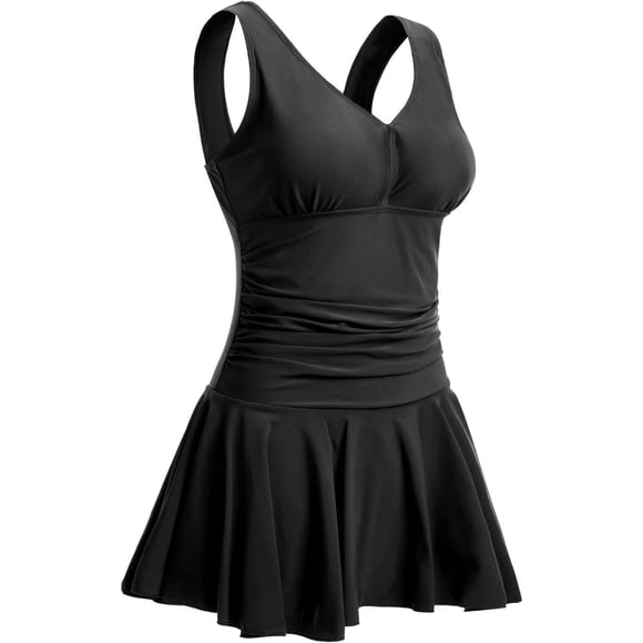 FRSASU Women's Tankini Bathing Suits Tummy Control Swim Dress High Waist Solid Color Casual Conservative Swimsuits Black XXL(XXL)