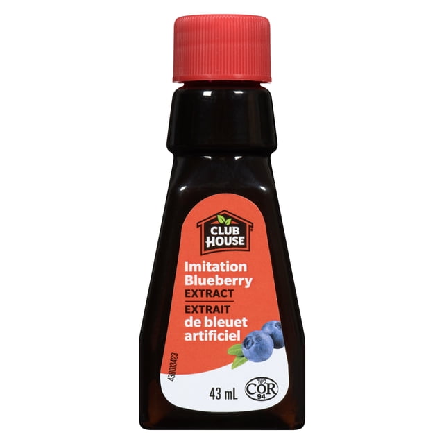 Club House Bouteille de 43 ml d'Extrait de Bleuet Imitation avec Bouchon à Vis Rouge et Étiquette orange Mettant en Vedette des Bleuets, Parfaite pour la Cuisson et pour Aromatiser des desserts comme des Tartes, des muffins, des Sirops et des Glaçages Sucrés.