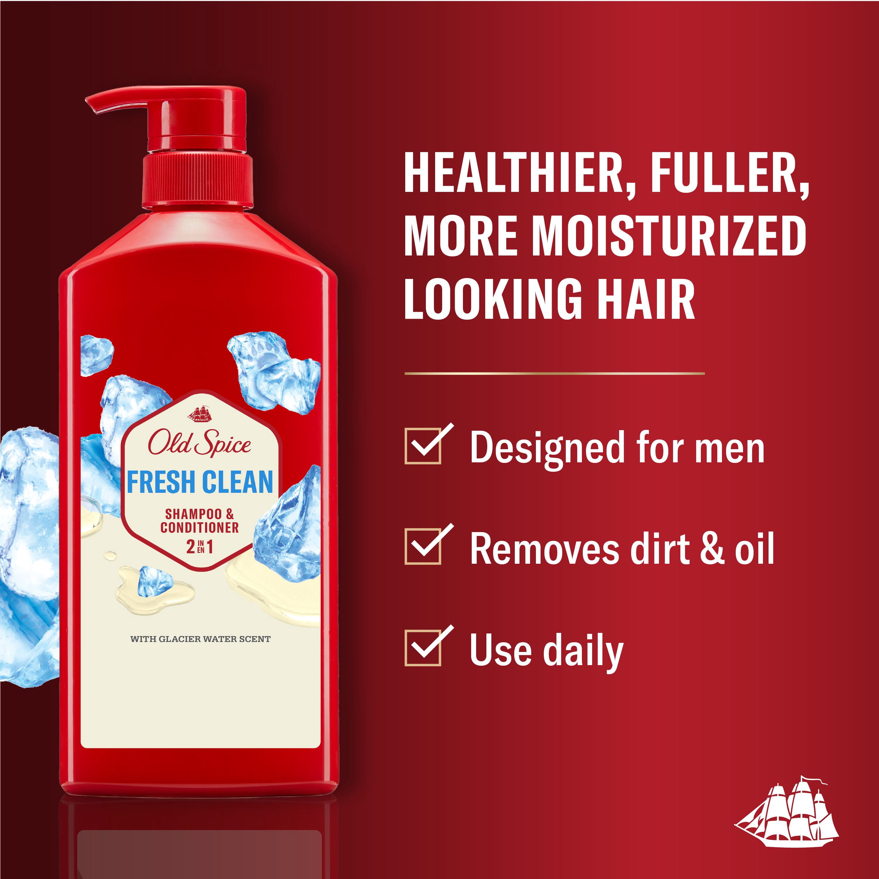 Old Spice Shampooing et Revitalisant 2 en 1 Propre Frais pour Hommes au Parfum d'Eau de Glacier, des Cheveux Épais Santé