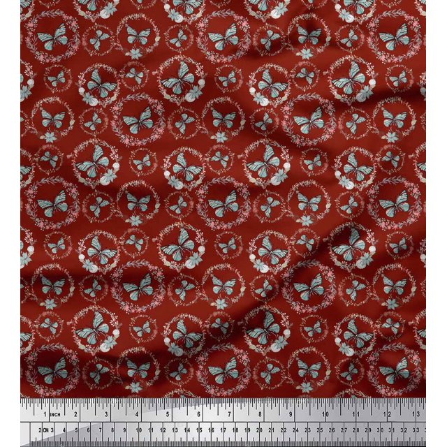Soimoi Tissu Satin Modal Rouge Couronne & Papillon Imprimé Tissu au Mètre 42 Pouces de Large