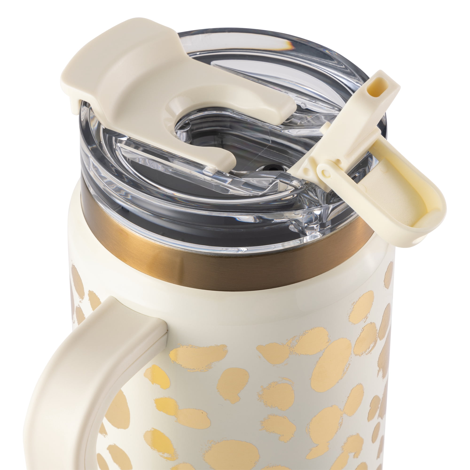 111 / 5,000 Gobelet Thyme & Table de 940 ml avec poignée, couvercle à double paille, double paroi isotherme en acier inoxydable, crème et pois dorés