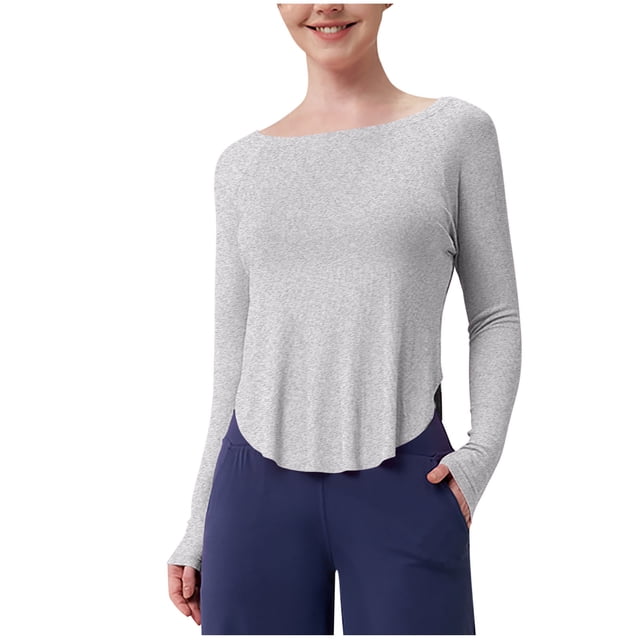 Timegard Workout Tops for Women Scoop Neck Long Sleeve Crop Tops Irregularly Athletic Running Tee Shirts