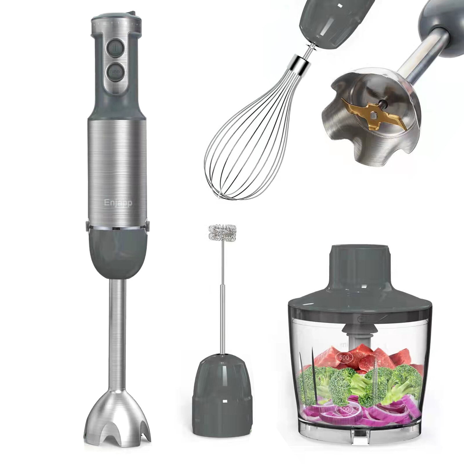 Handheld blender, stick blender, milk frother, egg beater with 500ml food mill/600ml container
