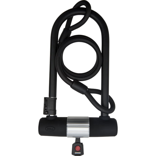 Bell Sports Catalyst 550 U-Lock with Cable centered front view of a U-lock and coiled 4 ft x 12 mm steel cable; 9.25-inch hardened-steel shackle visible, mounting bracket with dust cover attached and two keys alongside. Patented Anti-Theft shackle resists twisting. Suitable for securing bikes and scooters.