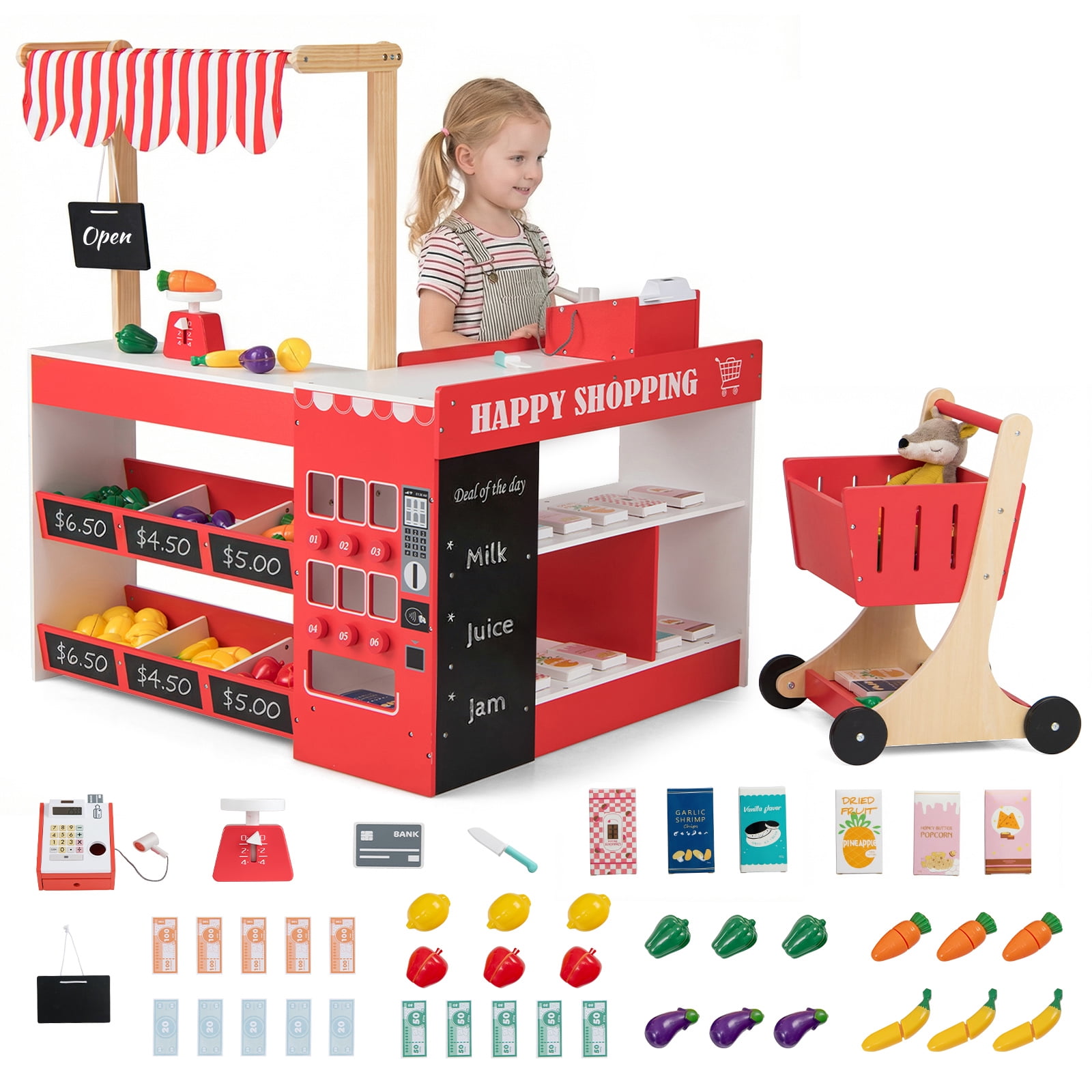 INFANS Grocery Store Pretend Play for Kids, Wooden Supermarket Toy Set with Shopping Cart, Vending Machine, Cash Register, Gift for Boys Girls 3+