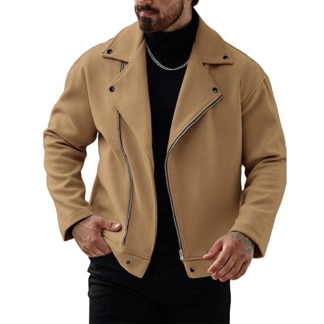 Dagegui Short Coats for Men Stylish Notch Lapel Zip Up Peacoat Solid Color Business Work Outwear Fall Clothes Khaki S