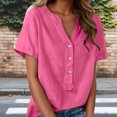 thumbnail image 2 of Floleo T-Shirt à Manches Courtes pour Femmes, Style Lin, Col en V, Boutons devant, Demi-Ouverture, Haut Vintage Classique, Respirant, Confortable, Extensible, Tissu Fin, Printemps Été Automne, Tenue Quotidienne (Rose Vif#2,L), 2 of 8