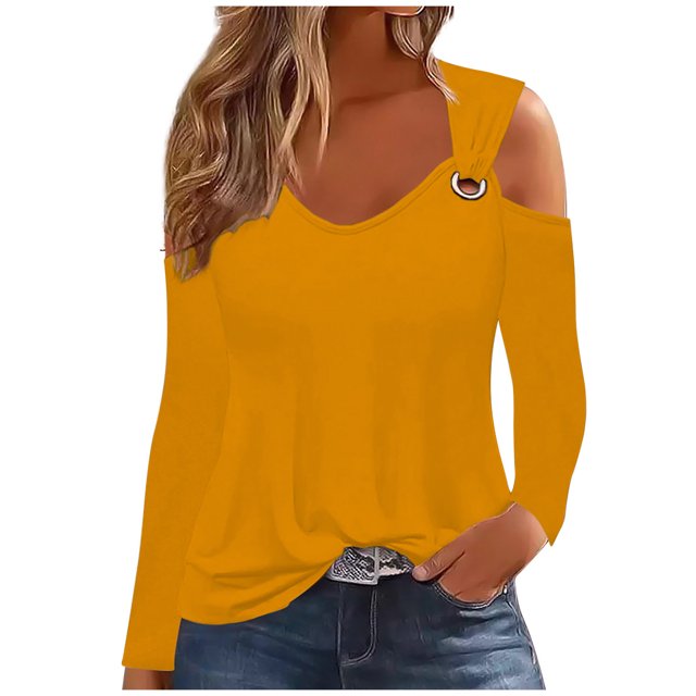 Yuyuzo Womens Tunic Tops Cold Shoulder Long Sleeve Shirts Loose Solid Color Lightweight Tee Tops