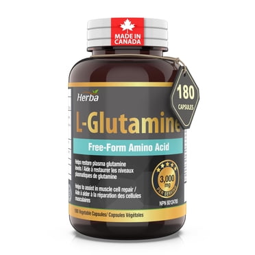 Herba L Glutamine Capsules 750mg – 180 Vegetable Capsules | 3,000mg Per Serving of L-Glutamine Supplement | Made in Canada
