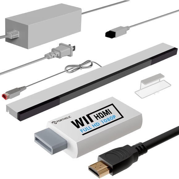 Ensemble de Câbles de Remplacement 4 en 1 pour Wii, Adaptateur d'Alimentation CA Wii PORTHOLIC + Convertisseur Wii vers hdmi + Barre de Capteur de Mouvement Filaire et Câble Audio Vidéo Composite pour Nintendo Wii