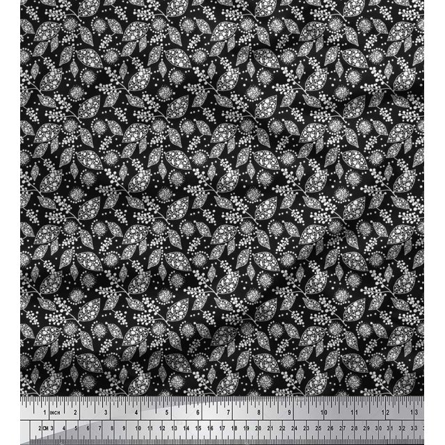 Soimoi Polyester Crepe Fabric Dot & Leaves Print Sewing Fabric Yard 42 Inch Wide