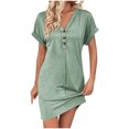 thumbnail image 1 of Robe Femme Été Décontractée Manches Retroussables Robe T-Shirt Couleur Unie Mini-Robe à Col en V, 1 of 8