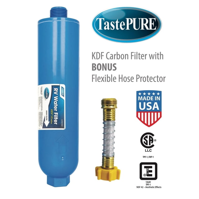 Camco 40013 Tastepure Water Filter with a blue cylindrical body and threaded top designed for RV fresh water systems, featuring a 100 micron KDF carbon filter to reduce chlorine, sediment, and odors, paired with a flexible hose protector with brass fittings to prevent kinking and maintain water flow.