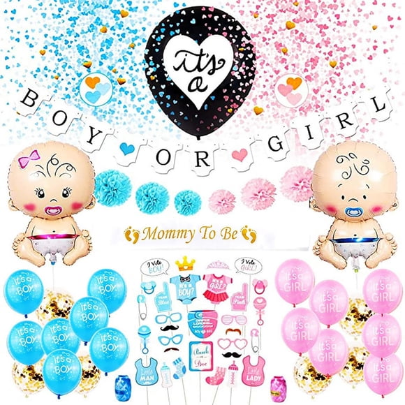 SINGOMON Gender Reveal Decorations Kit Gender Reveal Balloons Boy or Girl Banner Pink Blue Balloons Gender Reveal Photo Booth Props Mummy to be Sash for Gender Reveal Baby Shower Decorations