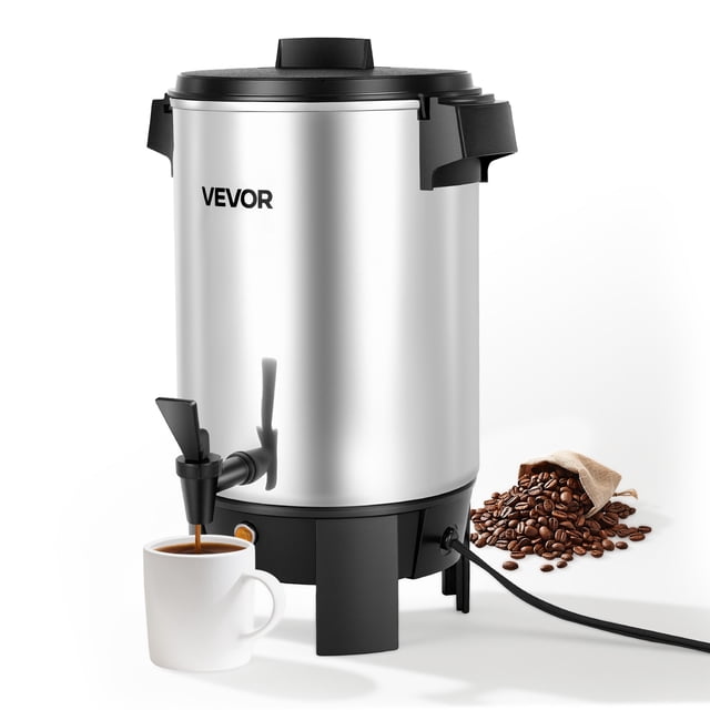 VEVOR Commercial Coffee Urn with a 30-cup (152oz) capacity, featuring a natural aluminum finish and a dripless dual spigot for single-cup or continuous pouring. The urn includes a reusable mesh filter, cool-touch handles, and a durable rust-resistant body. Designed for quick brewing with a 1090W heating tube, it maintains coffee at 183℉–201℉ for long-lasting heat preservation. Ideal for restaurants, offices, and events, the urn is shown dispensing coffee into a white mug, with coffee beans and a burlap sack in the background.