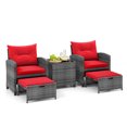 thumbnail image 2 of Costway 5 Piece Patio Rattan Furniture with 2 Ottomans & Tempered Glass Coffee Table Red + Mix Gray, 2 of 9