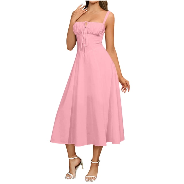 VEKDONE Women's Casual Split Drawstring Sundress With Straps Pink S