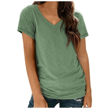T-Shirt Décontracté à Manches Courtes pour Femme, Uni, Col en V - T-Shirt de Base à la Mode et Polyvalent, Matière en Mélange de Coton