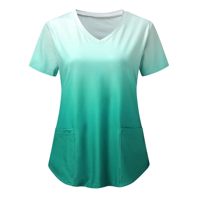 RXIRUCGD T-Shirts Col en V pour Femmes Mode Manches Courtes Uniformes de Travail Blouse à Poche Imprimée Hauts d'Été pour Femmes