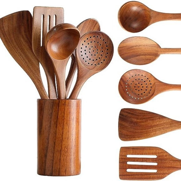 Binwennn Dollies for End Tables 9 Piece Natural Teak Wooden Kitchen Utensil Set With Spoon Rest Comfort Grip Cooking Spoons And Utensils Holder