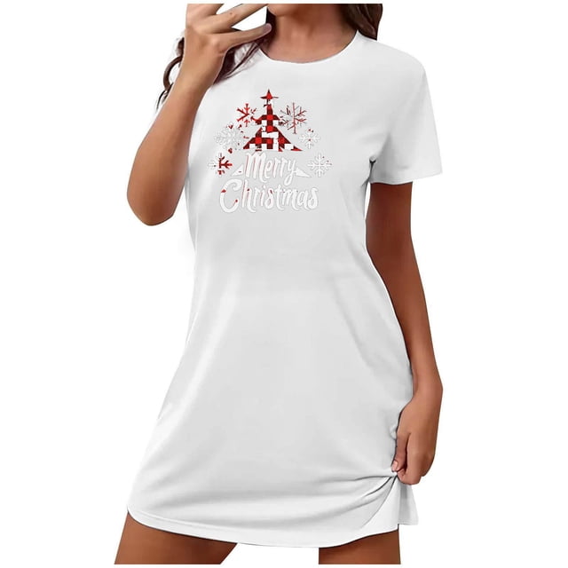 Sakmal Chemises de Nuit Douces pour Femmes Grande Taille Blanches Confortables Robe de Maison de Noël Courte Imprimé Joyeux Noël Manches Courtes Col Rond Chemises de Nuit P-2TG