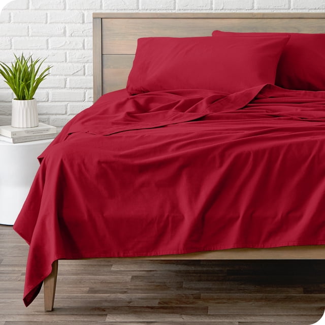 Bare Home Ensemble de Draps en Flanelle - 100 % Coton - Poche Profonde - Très Grand Fendu, Rouge, 5 Pcs