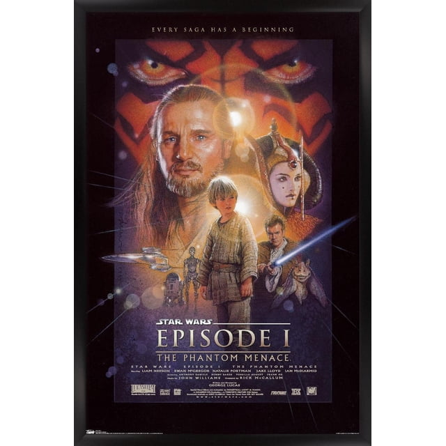 Star Wars: The Phantom Menace - One Sheet Wall Poster, 14.725" x 22.375", featuring a front-facing collage of characters including a young Jedi in beige robes holding a blue lightsaber, droids R2-D2 and C-3PO, and Jar Jar Binks, set against the large red and black face of Darth Maul with yellow eyes, with the tagline 'Every saga has a beginning' at the top and movie credits at the bottom, printed on glossy paper suitable for home décor and wall art.