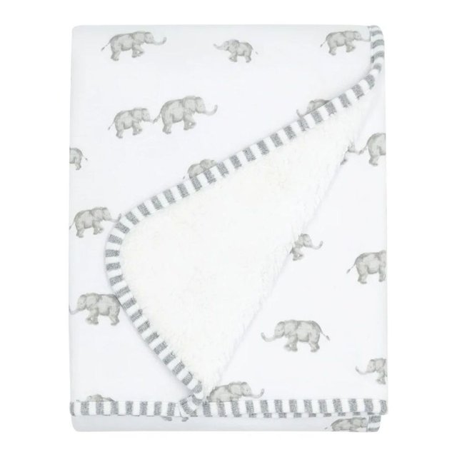 Living Textiles Couverture pour Bébé en Jersey Sherpa - Patrimoine Éléphant avec un design à Double Couche avec un Imprimé Jersey 100 % Coton d'Éléphants Gris d'Un Côté et un Doux Sherpa Blanc de l'Autre. Parfait pour Garder les Bébés au Chaud et au Chaud Lors des Sorties en Poussette.