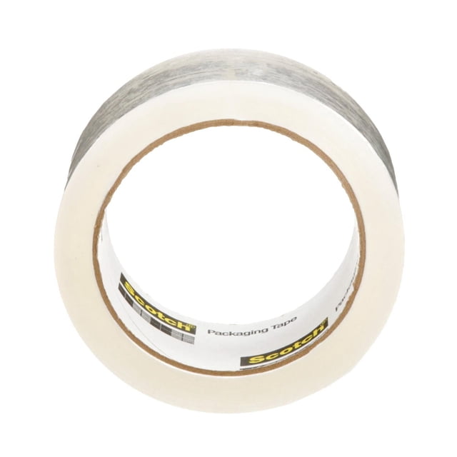 Scotch(R) Moving Packaging Tape 3500-EF-8CC, 1.88 in x 54.6 yd (48 mm x 50 m) clear packaging tape roll with a white core printed with the Scotch brand name and packaging tape label, shown from a top-down view on a white background, suitable for securely sealing moving boxes and packages and general adhesive sealing.