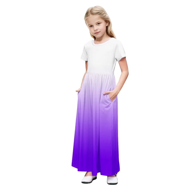 Rbaofujie Robe Maxi pour Filles à Manches Courtes, Robe Décontractée de Vacances avec Poches pour 4-13 Ans