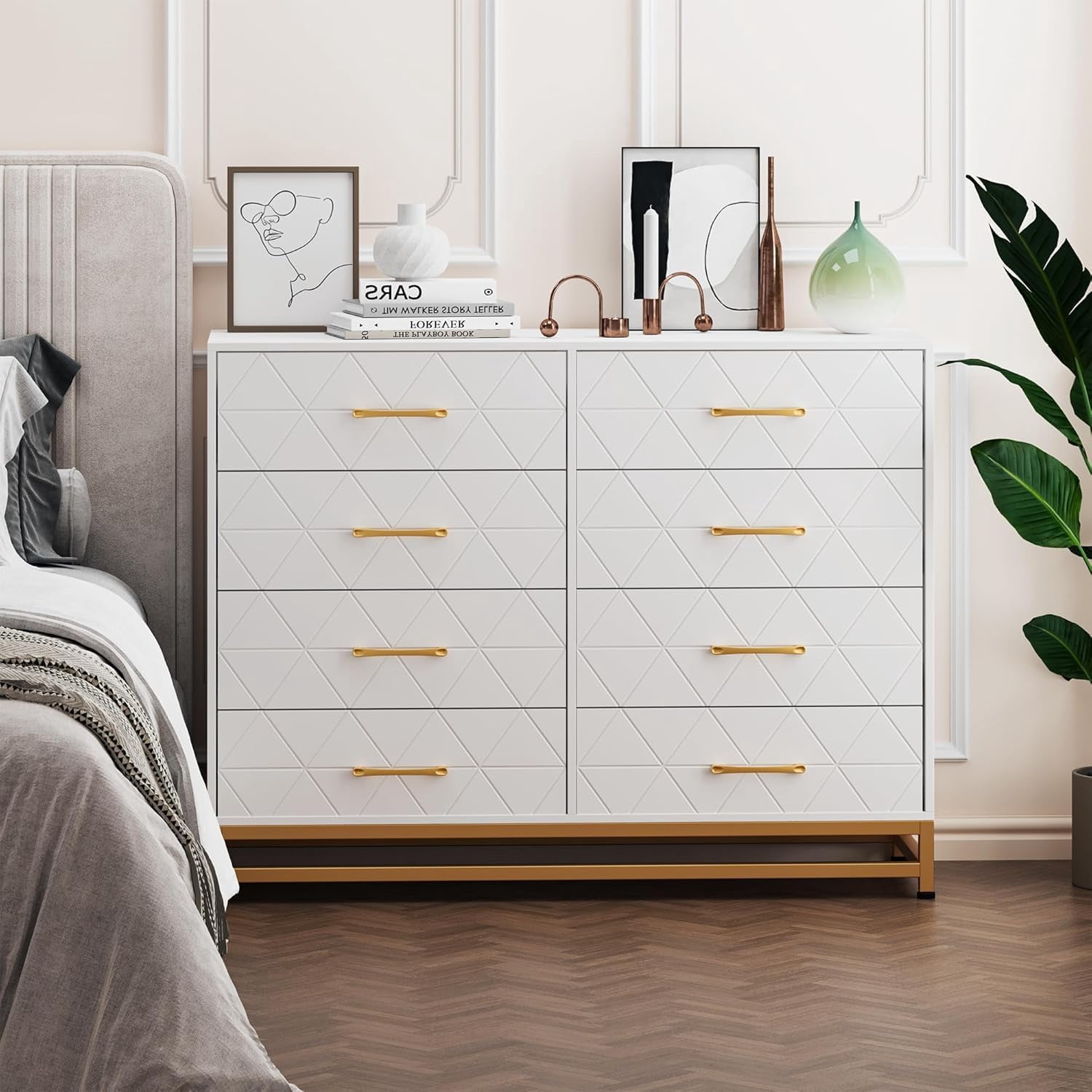 Dresser with 8 Drawers for Bedroom Large Storage Tower Wooden Chest of Drawers with 8 Storage Drawer for Bedroom Wide with Drawer Organizer Dresser for Living Room, Closet, Hallway, White