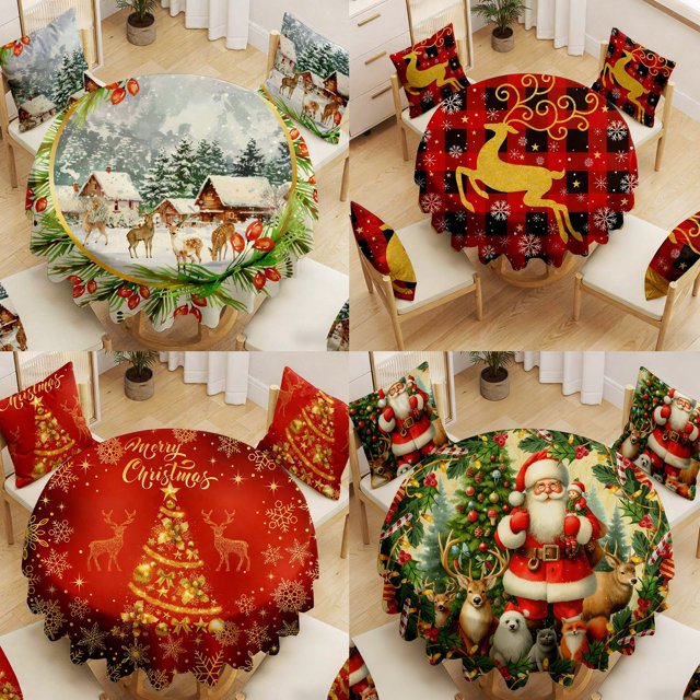 Yhmxh Christmas Round Tablecloth Christmas Elk Tablecloth 60 Inch Buffalo Plaid Xmas Tree Table Cover Snowflake Waterproof Wipeable Table Cloth for Kitchen Home Farmhouse Decoration Holiday Decor