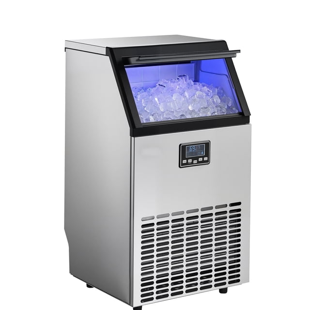 KFFKFF Commercial Ice Maker Machine, 100 lbs/24h with 26 lbs Storage Capacity, Built-in/Freestanding/Under Counter, Stainless Steel Ice Maker with LED Display & Self-Cleaning