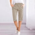 thumbnail image 2 of Summer Clearance 2025! Womens Plus Size Pants,Women Solid Color High Waisted Elastic Drawstring With Pocket Cotton And Linen Five Quarter Pants, 2 of 5
