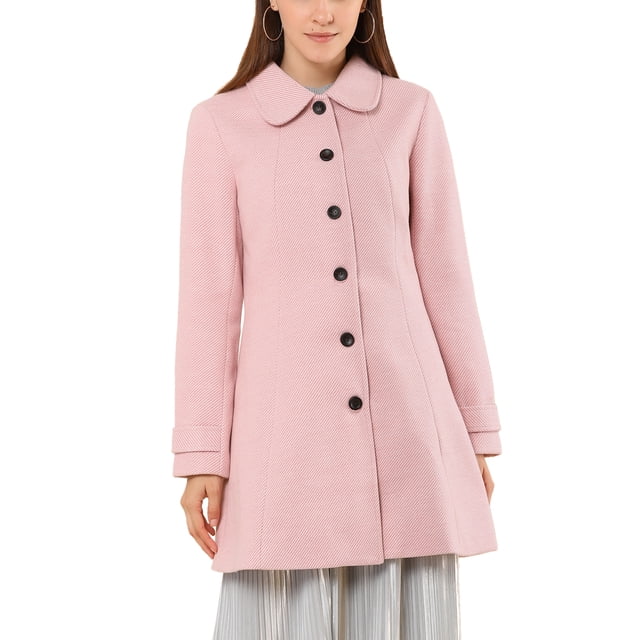 INSPIRE CHIC Manteau d'Hiver pour Femme à Col Peter Pan, à Simple Boutonnage, dans une Teinte Rose Douce. Ce Manteau à Manches Longues Présente un Col Peter Pan, une Fermeture à Boutons à Simple Boutonnage et un Subtil Motif à Rayures. l'Ourlet Longueur sous le Genou et les Poignets Ceinturés Ajoutent de l'Élégance, le Rendant Adapté à Superposer sur Diverses Tenues. Fait de 100 % polyester, Il Offre une Coupe Régulière et Est Lavable à la machine Ou Nettoyable à Sec. Idéal pour l'Hiver.