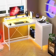EDTara L-Shaped Computer Desk with 4 Power Outlets, 2 USB Ports, 7-Color LED Lights, Removable Stand, Drawers & Bookshelf - Rustic Brown Corner Gaming & Home Office Desk