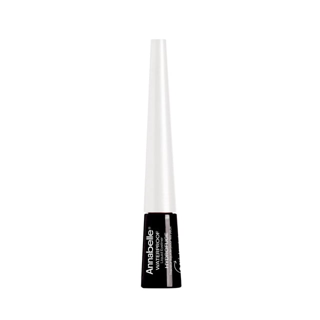 Waterproof Liquid Eyeliner by Annabelle with a black base and long white cap, featuring a precise felt-tip applicator for smooth, ultra-pigmented, glossy lines with 24-hour wear, ideal for creating thin or thick winged eyeliner looks.