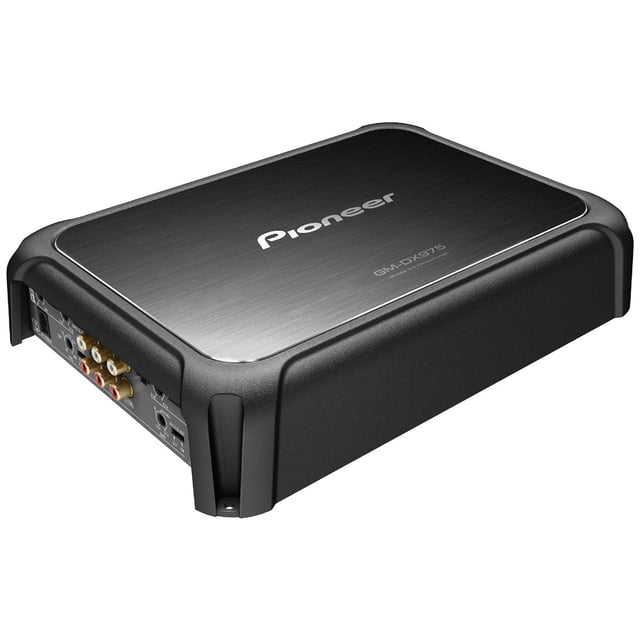 Pioneer GM-DX975 Class-D 5-Channel Car Amplifier front-facing compact view with textured aluminum top panel and black chassis, visible knobs and switches, block speaker terminals and gold-plated RCA jacks; LPF labeled 40–240 Hz and bass-boost remote jack, also suitable for boats and ATVs.