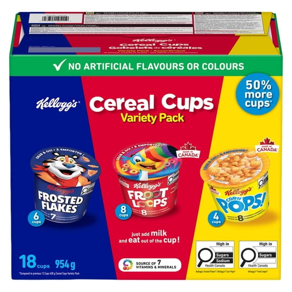 Kellogg’s Cereal Cups Variety Pack, 18 × 53g – Frosted Flakes, Froot Loops & Corn Pops Single-Serve Breakfast Cups