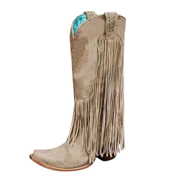 B91xZ Bottes de Cowboy pour Femmes Mode Fermeture Éclair Grande Boucle Talon Plat Mi-Mollet Bout Rond, Kaki 8