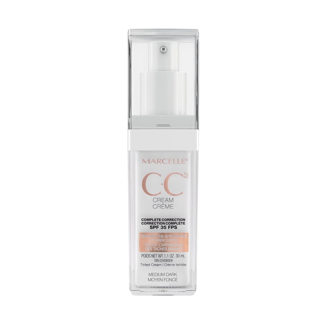 Marcelle CC Cream SPF 35, 30 mL in medium dark shade, in a clear rectangular pump bottle with white and rose gold text, offering complete correction, sun protection, reduction of dark spots, and hydration for even skin tone and texture.