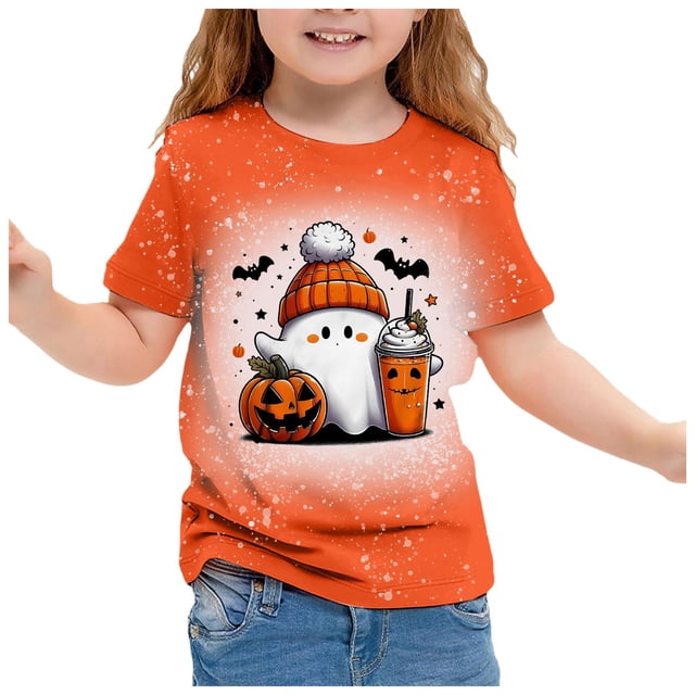 GDREDA T-Shirt à Manches Courtes Imprimé d'Halloween Mignon pour Filles, Col Rond Décontracté, Haut pour les Festivités d'Automne, Blanc, 8-9 Ans