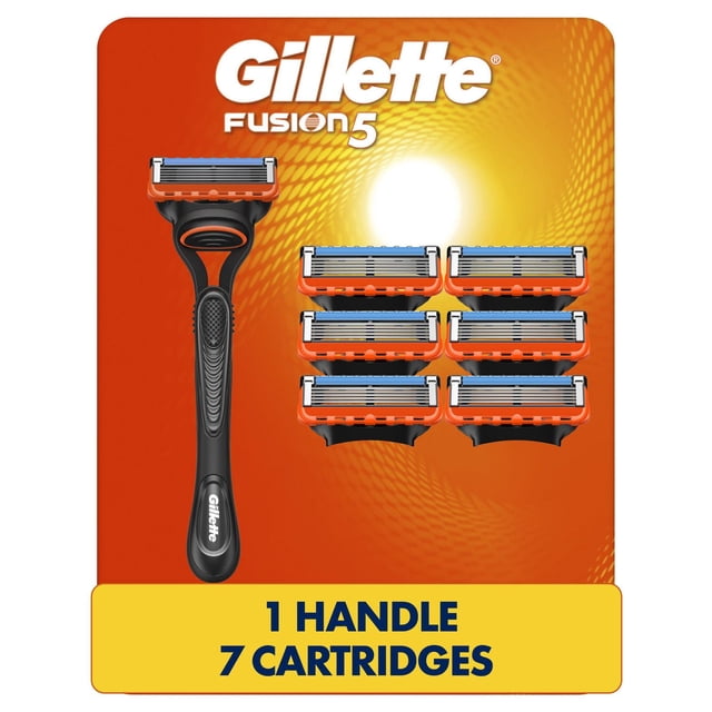 Gillette Fusion5 shaving razor for men with one black ergonomic handle and seven orange and silver blade cartridges featuring lubrication strips, displayed on an orange background with Gillette logo for close, comfortable shaves.
