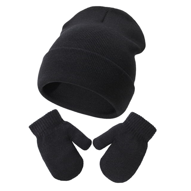FAOWME Baby Knitted Hat And Glove Set Versatile Solid Color Fall Children Wool Pullover Hat Black S