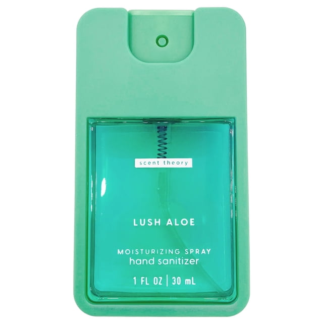 Scent Theory Hand Sanitizer Spray, Lush Aloe, 1 fl oz. A compact, green rectangular bottle with a spray nozzle, containing moisturizing hand sanitizer. Features a refreshing aloe and eucalyptus scent with crisp pear. Formulated with 62% ethyl alcohol to kill 99.9% of common germs while hydrating skin. Ideal for travel, office, or school use.