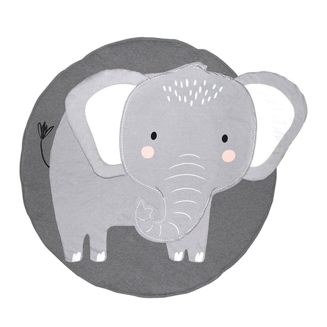 Animals Baby for Nursery Baby Round Educational Warm Soft Activity Mat Elephant. A round baby playmat with an adorable grey elephant design, made of 95% cotton for a soft and skin-friendly texture. The mat has a diameter of 85 cm (33.46 inches) and a thickness of 2 cm (0.78 inches), suitable for use as a playmat, rug, or crawl mat in nurseries, bedrooms, or playrooms. Machine washable for easy cleaning.